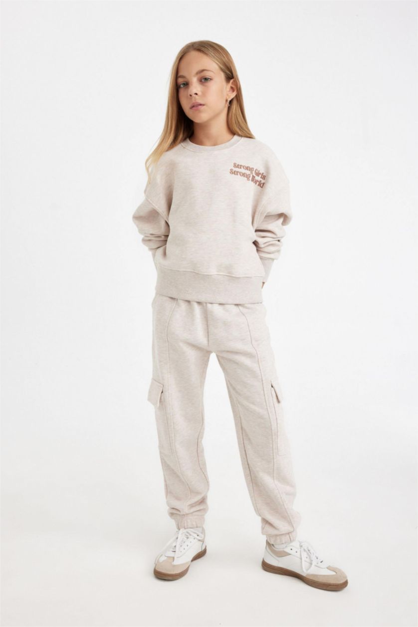 Girls & Teens Beige Melange Girl Waist Elasticated Cargo Jogger Sweatpants