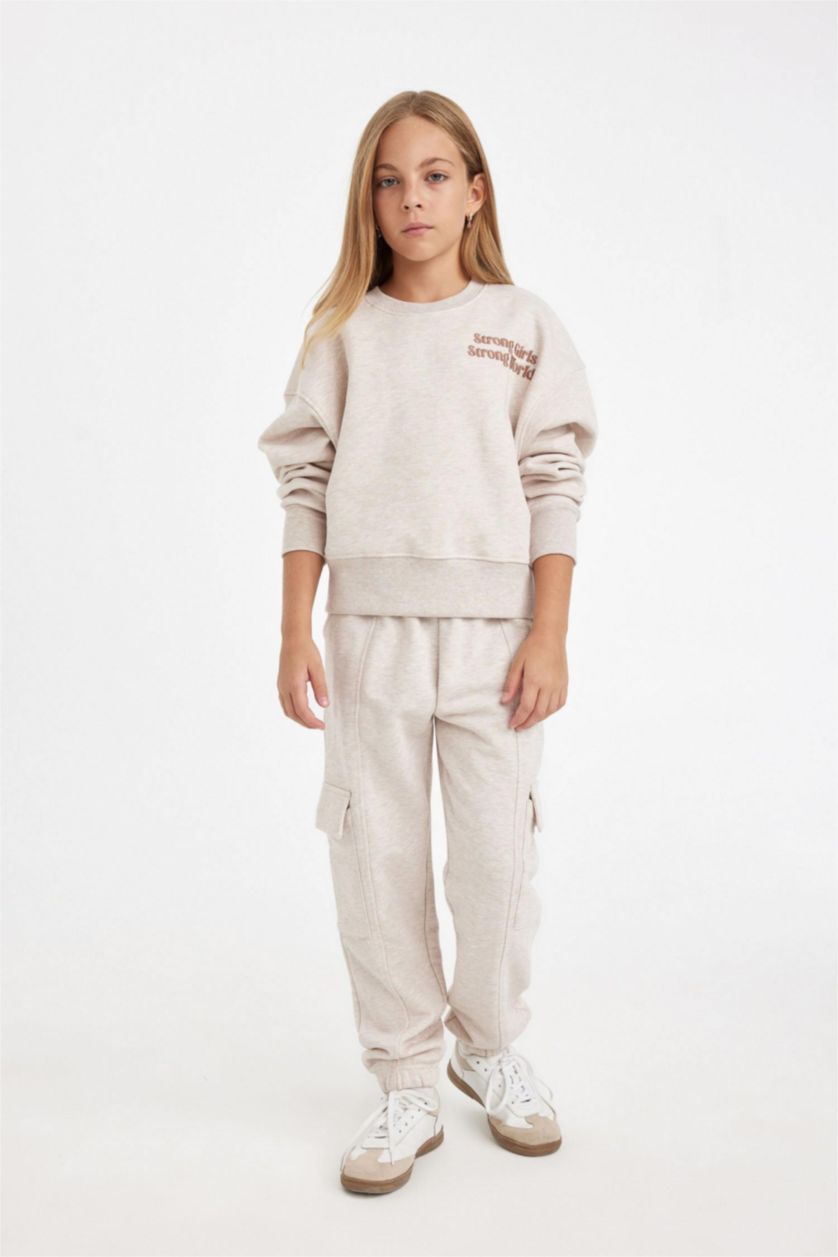 Girls & Teens Beige Melange Girl Waist Elasticated Cargo Jogger Sweatpants