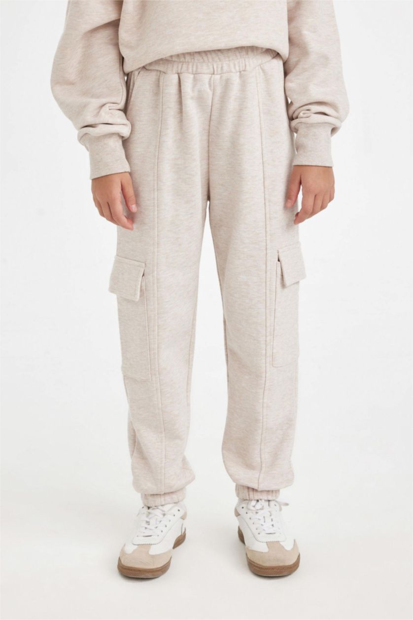 Girls & Teens Beige Melange Girl Waist Elasticated Cargo Jogger Sweatpants