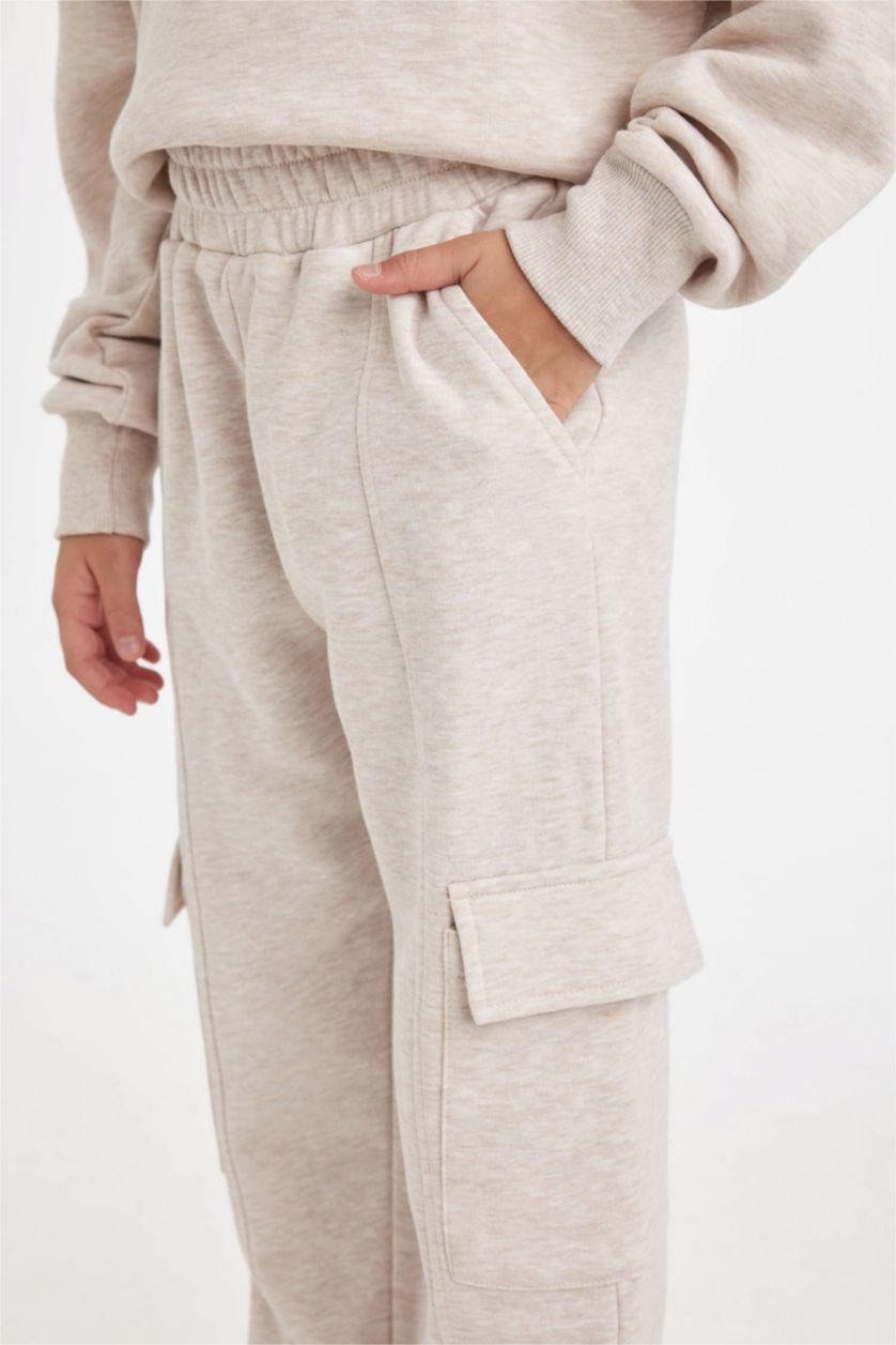 Girls & Teens Beige Melange Girl Waist Elasticated Cargo Jogger Sweatpants