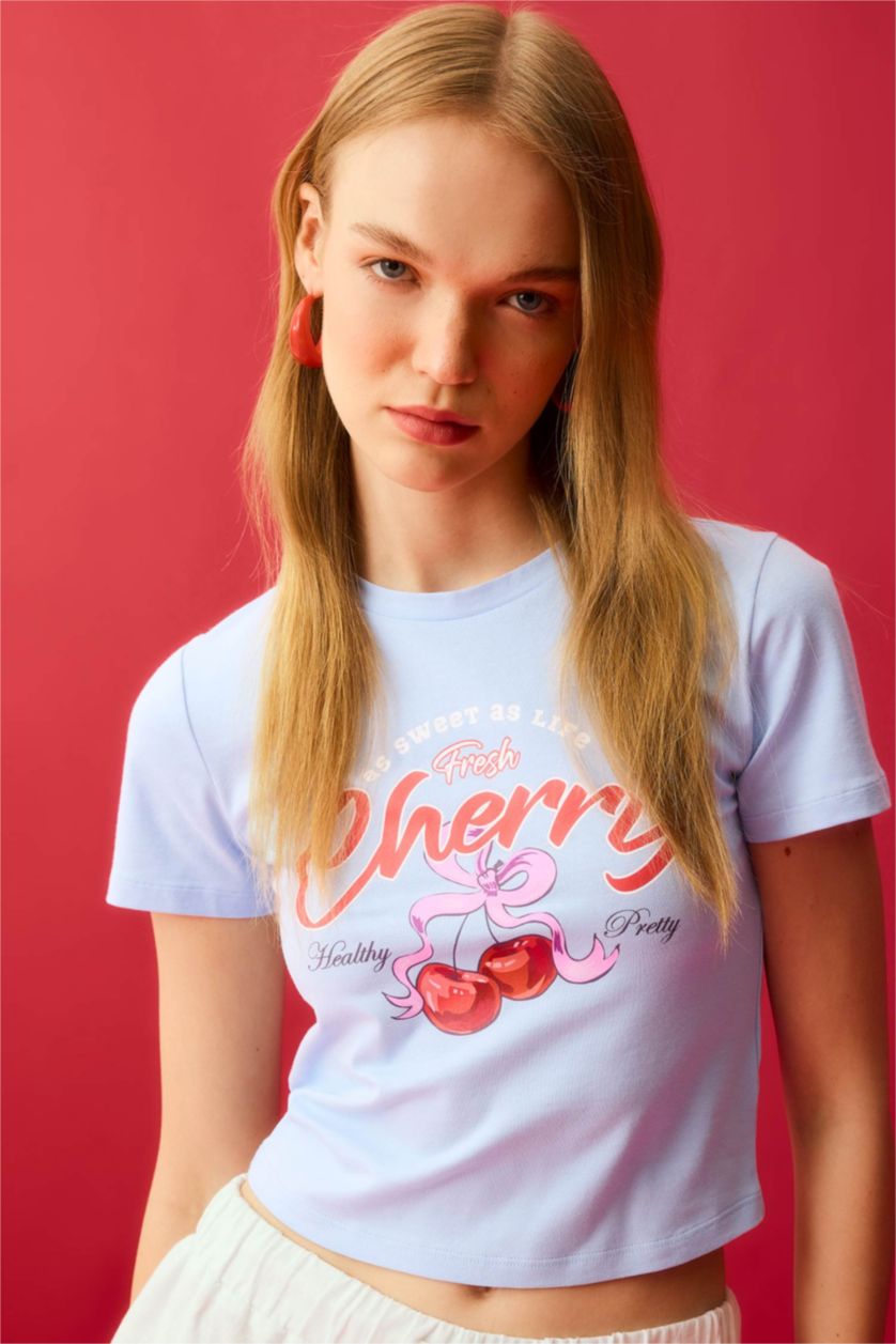 FEMME BLEU Clair T-Shirt Slim imprimé au dos à Manches Courtes et Col Rond