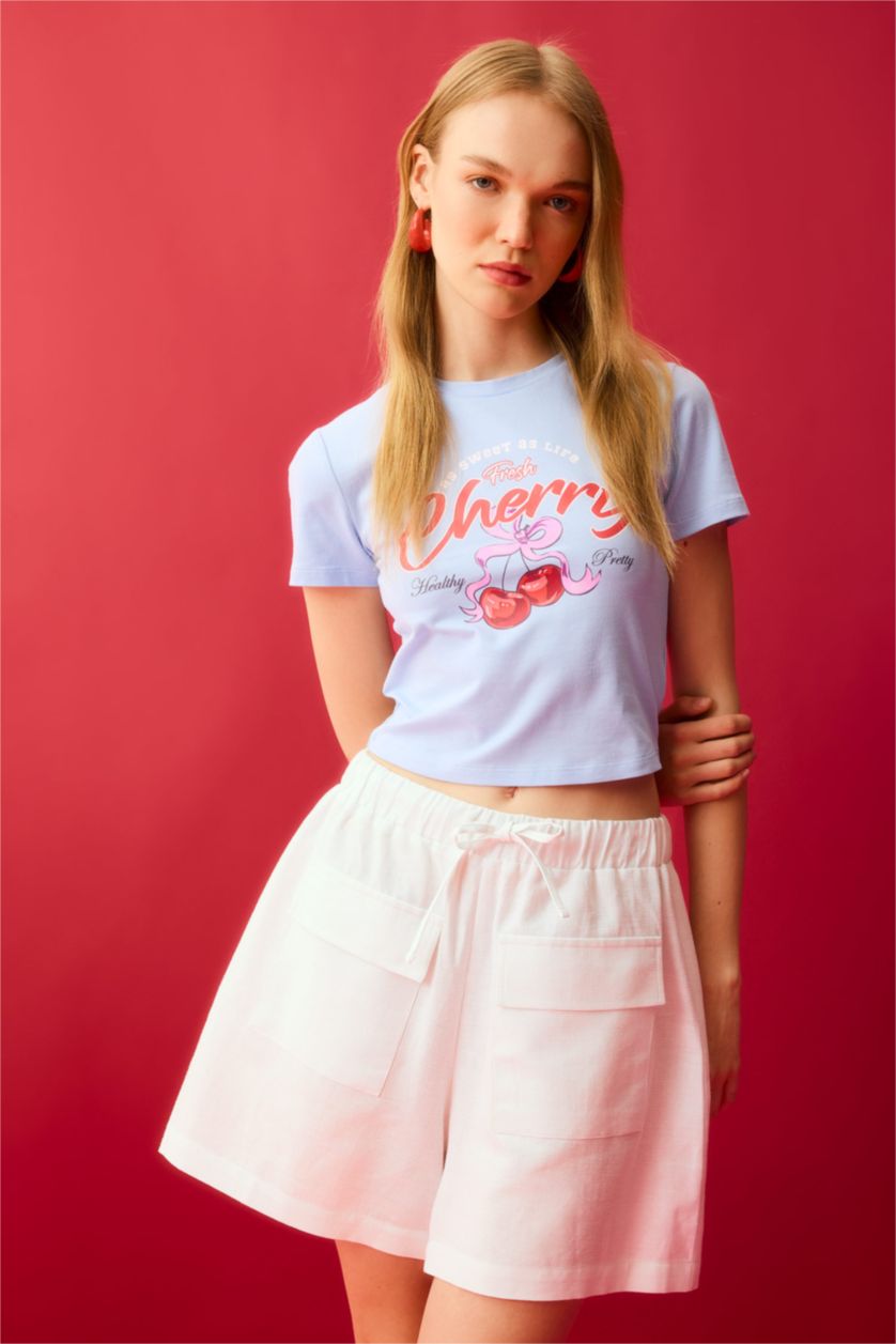 FEMME BLEU Clair T-Shirt Slim imprimé au dos à Manches Courtes et Col Rond