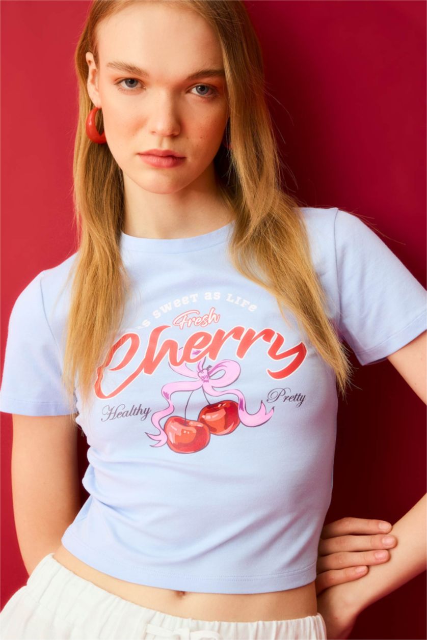 FEMME BLEU Clair T-Shirt Slim imprimé au dos à Manches Courtes et Col Rond