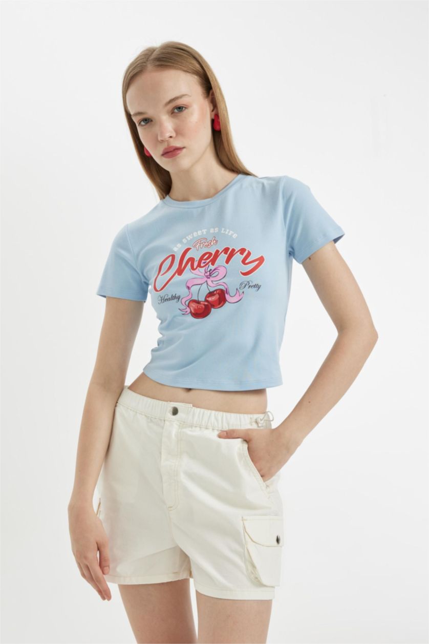 FEMME BLEU Clair T-Shirt Slim imprimé au dos à Manches Courtes et Col Rond