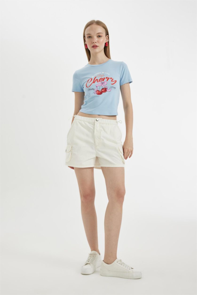 FEMME BLEU Clair T-Shirt Slim imprimé au dos à Manches Courtes et Col Rond