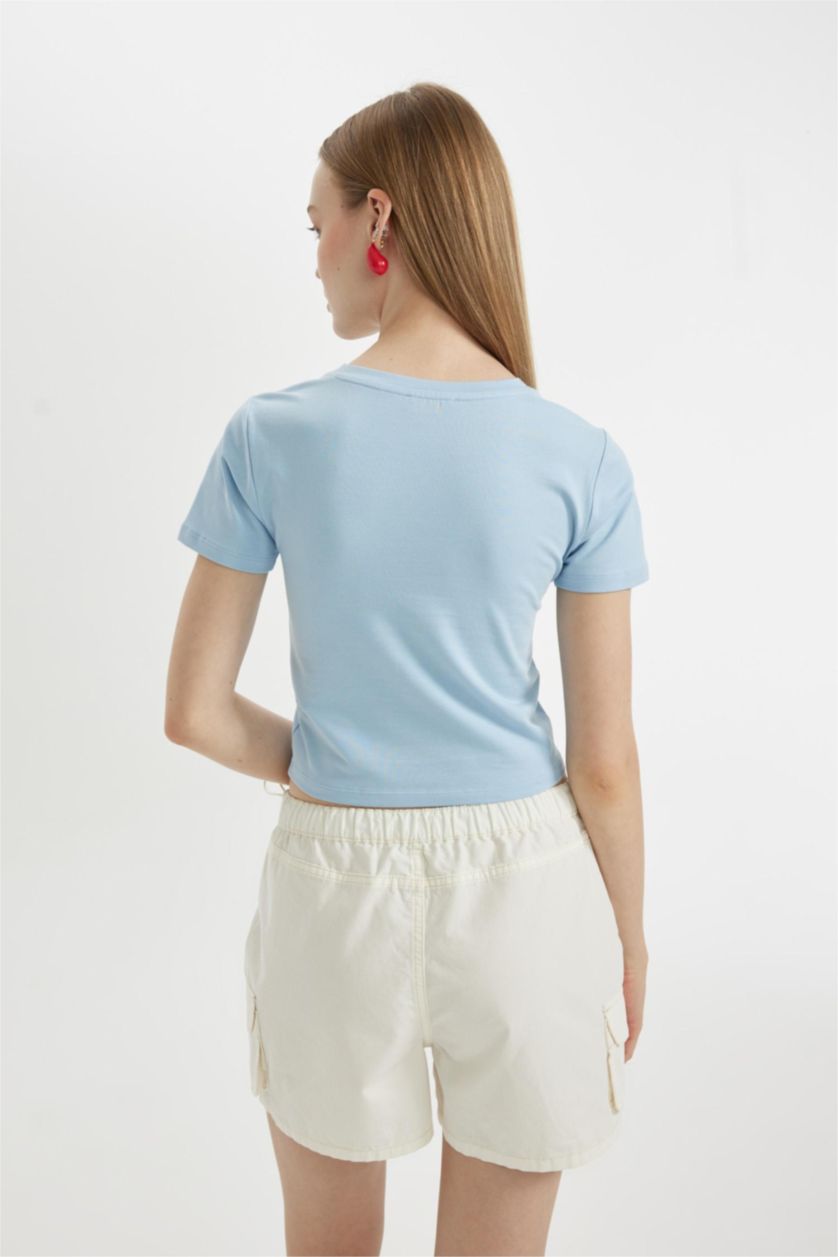 FEMME BLEU Clair T-Shirt Slim imprimé au dos à Manches Courtes et Col Rond