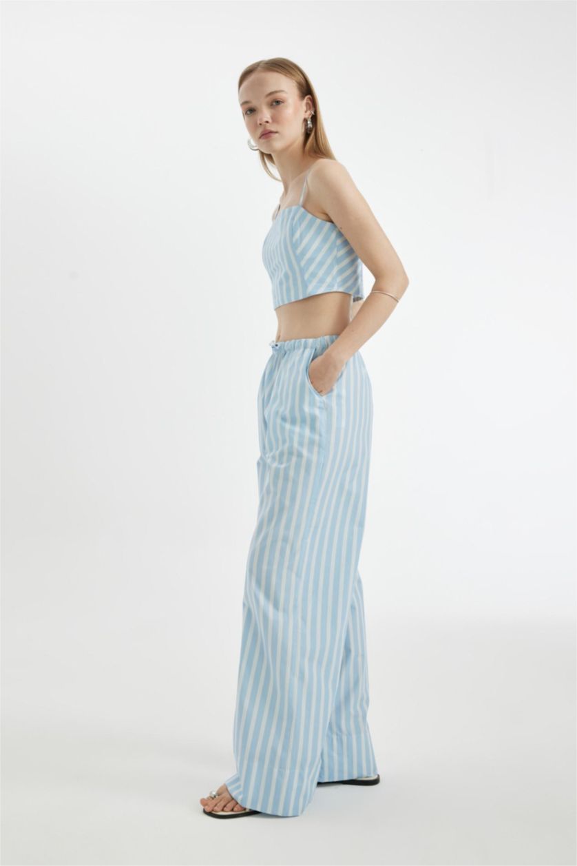 نساء أزرق فاتح سروال مخطط بوبلين قصة مستقيمة بخصر عادي