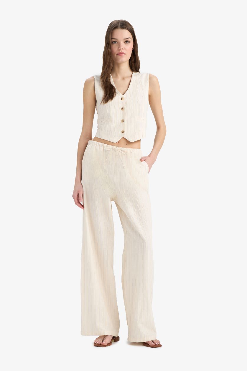 Kadın Açık Taş Regular Fit V Yaka Keten Karışımlı Blazer Yelek