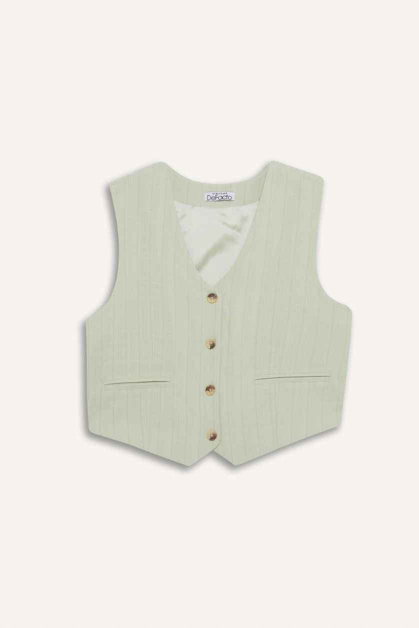 Woman Mint Regular Fit V Neck Linen Blend Vest