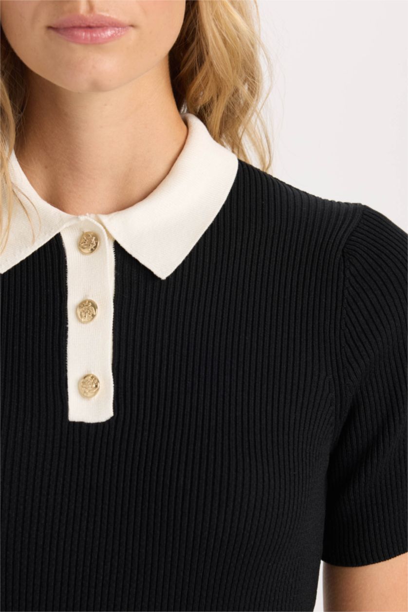 Kadın Siyah A Kesim Polo Yaka Basic Düz Ribana Görünümlü Viskon Kısa Kollu Mini Elbise