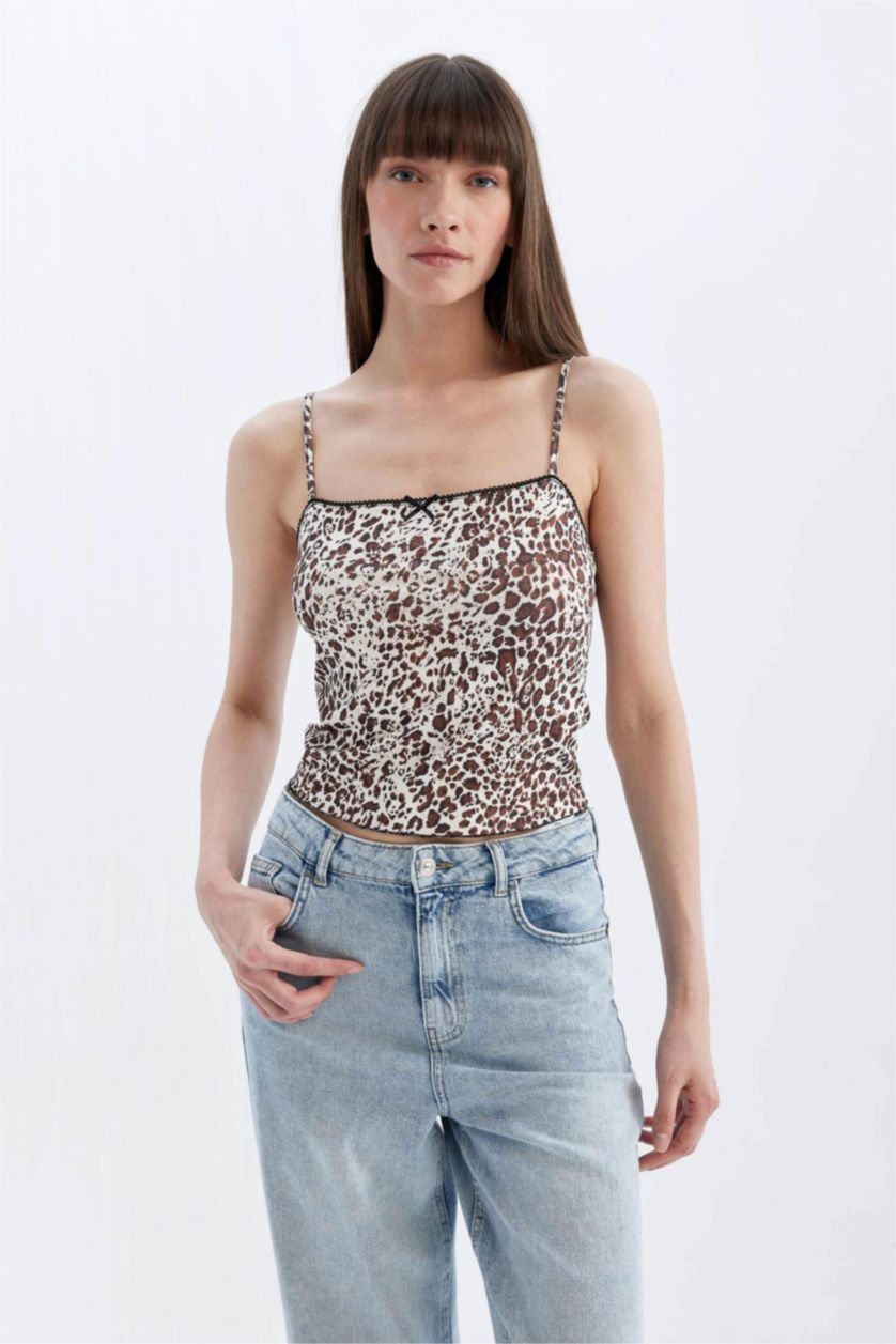 Kadın Kahve Fitted Leopar Desenli Kare Yaka Atlet