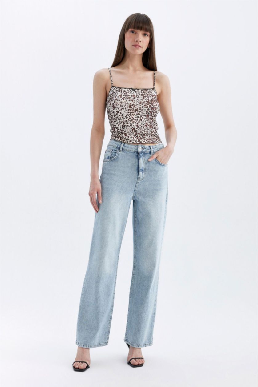 Kadın Kahve Fitted Leopar Desenli Kare Yaka Atlet