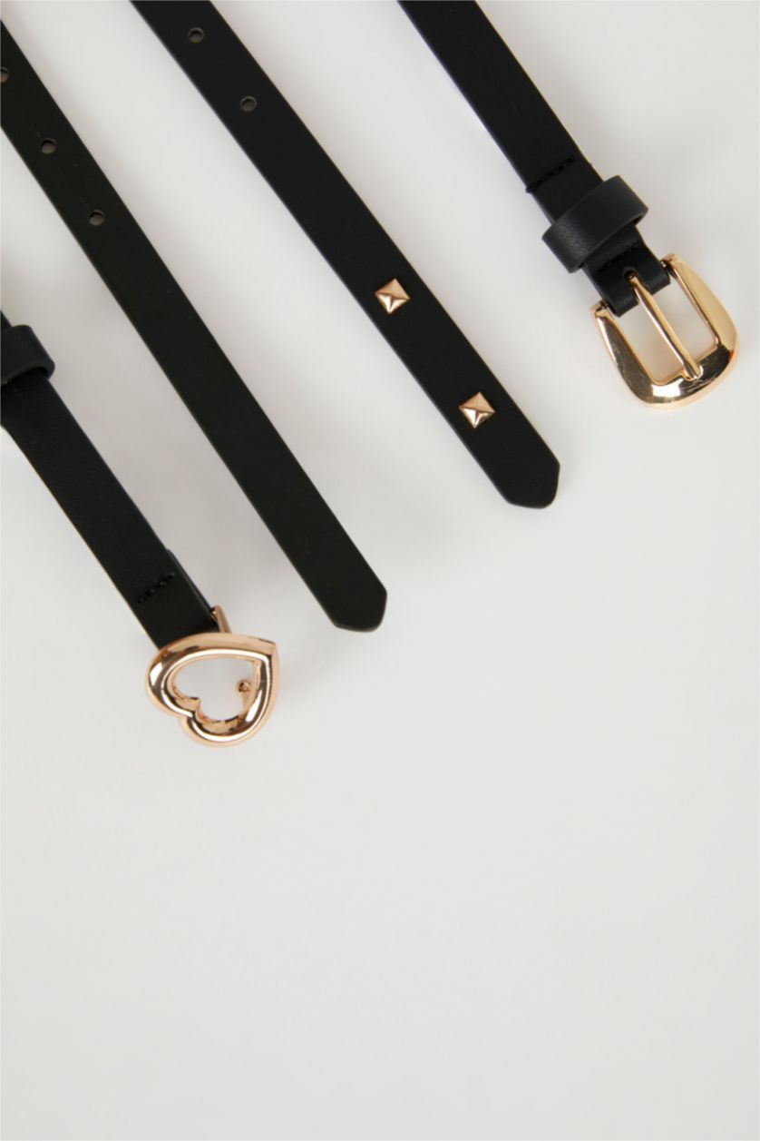 Woman Black Woman Faux Leather Heart Buckle 2 Piece Classic Belt