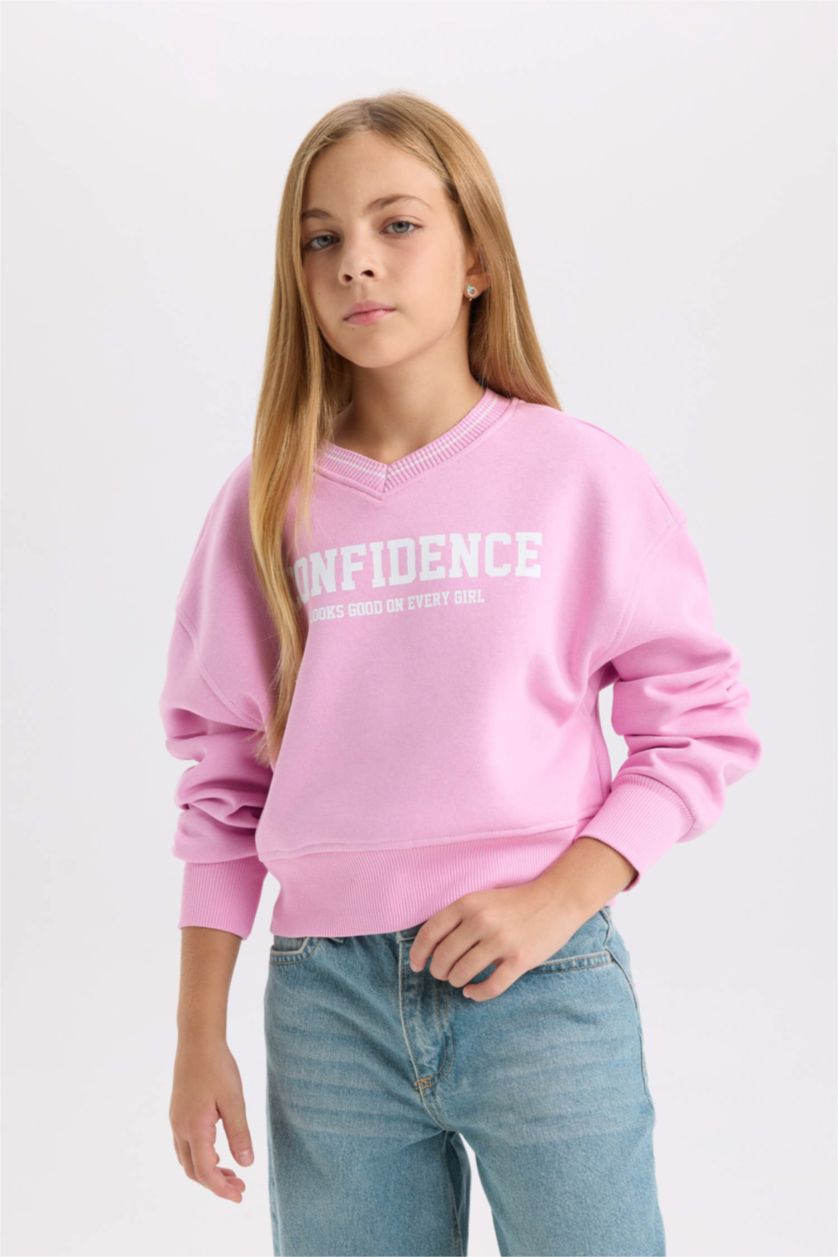 Kız Çocuk - Genç Kız Pembe V Yaka Baskılı İçi Yumuşak Tüylü Sweatshirt Kız Çocuk