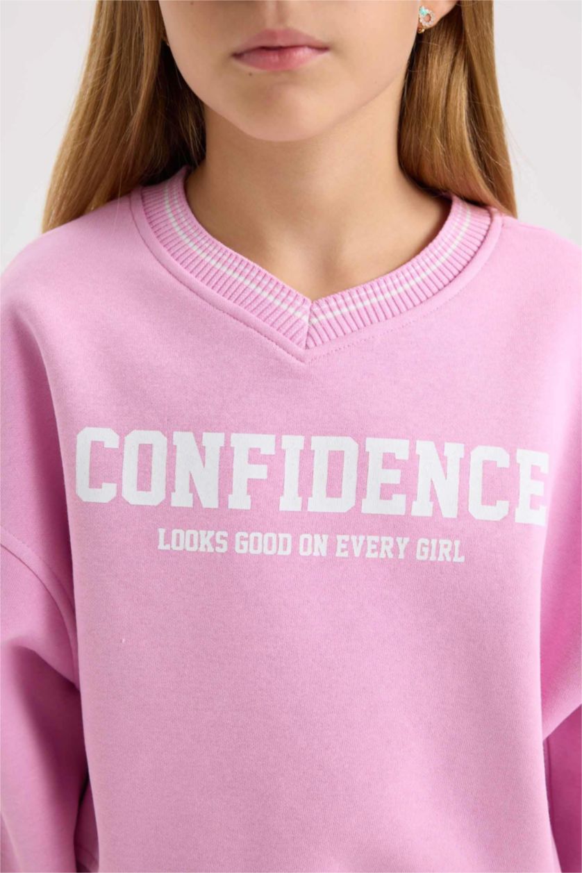 Kız Çocuk - Genç Kız Pembe V Yaka Baskılı İçi Yumuşak Tüylü Sweatshirt Kız Çocuk