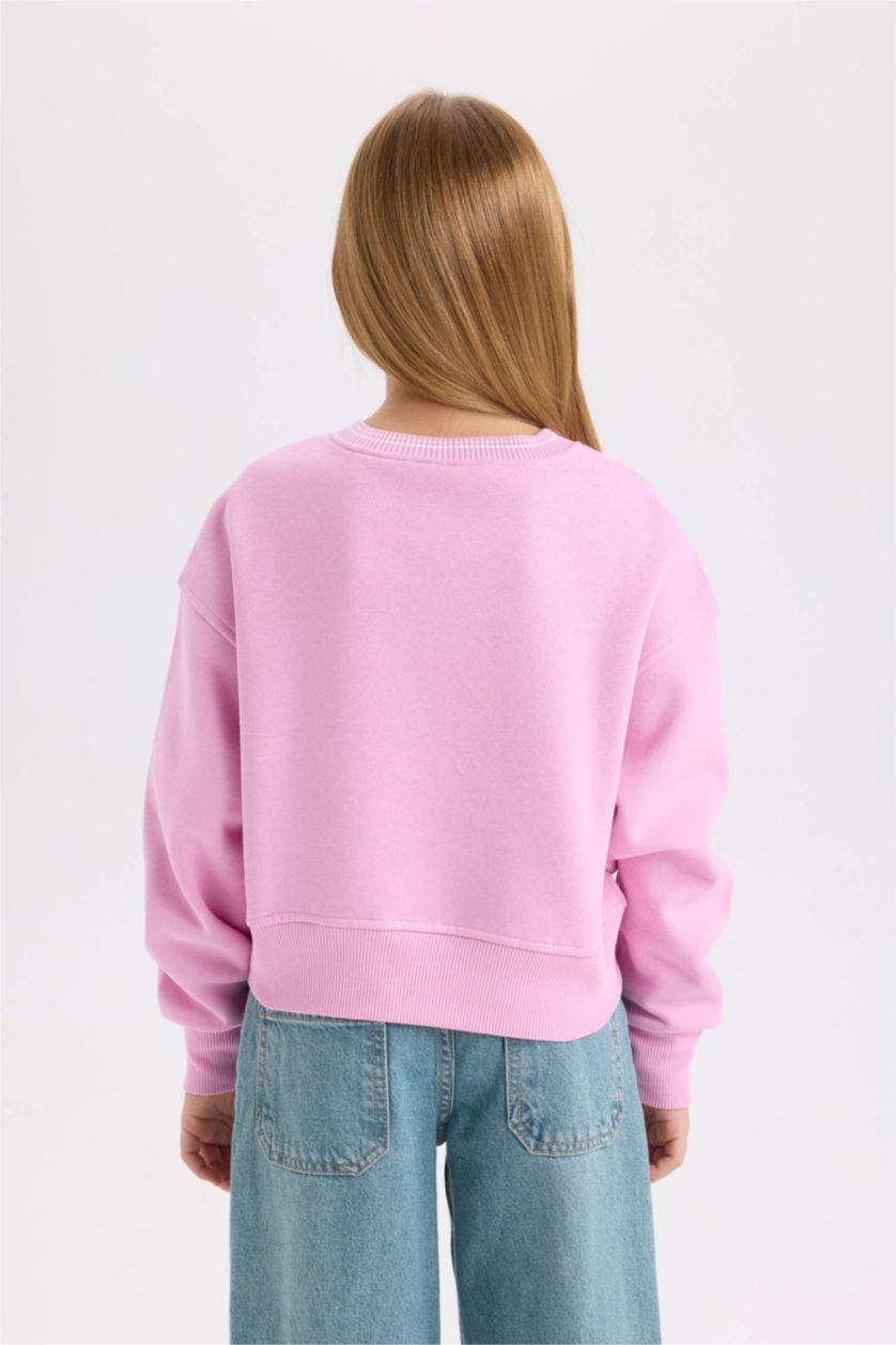 Kız Çocuk - Genç Kız Pembe V Yaka Baskılı İçi Yumuşak Tüylü Sweatshirt Kız Çocuk