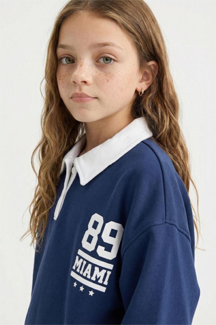 FILLES Marin Sweat-shirt Oversize en tissu épais imprimé à Col Polo