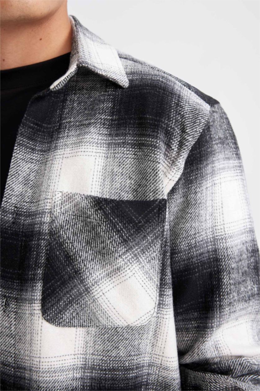 Erkek Siyah Regular Fit Polo Yaka Kareli Oduncu Flanel Uzun Kollu Gömlek