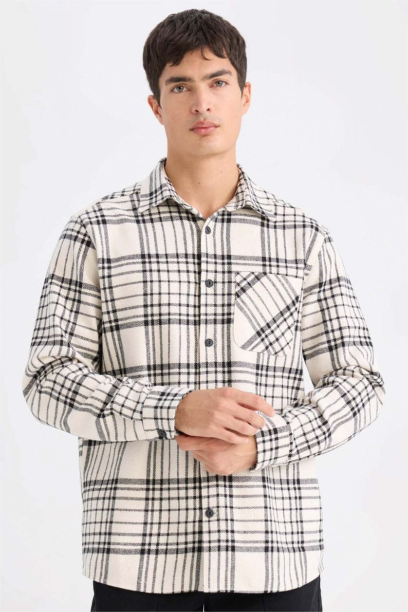 رجالي بيج فاتح Regular Fit Flanel Long Sleeve Shirt