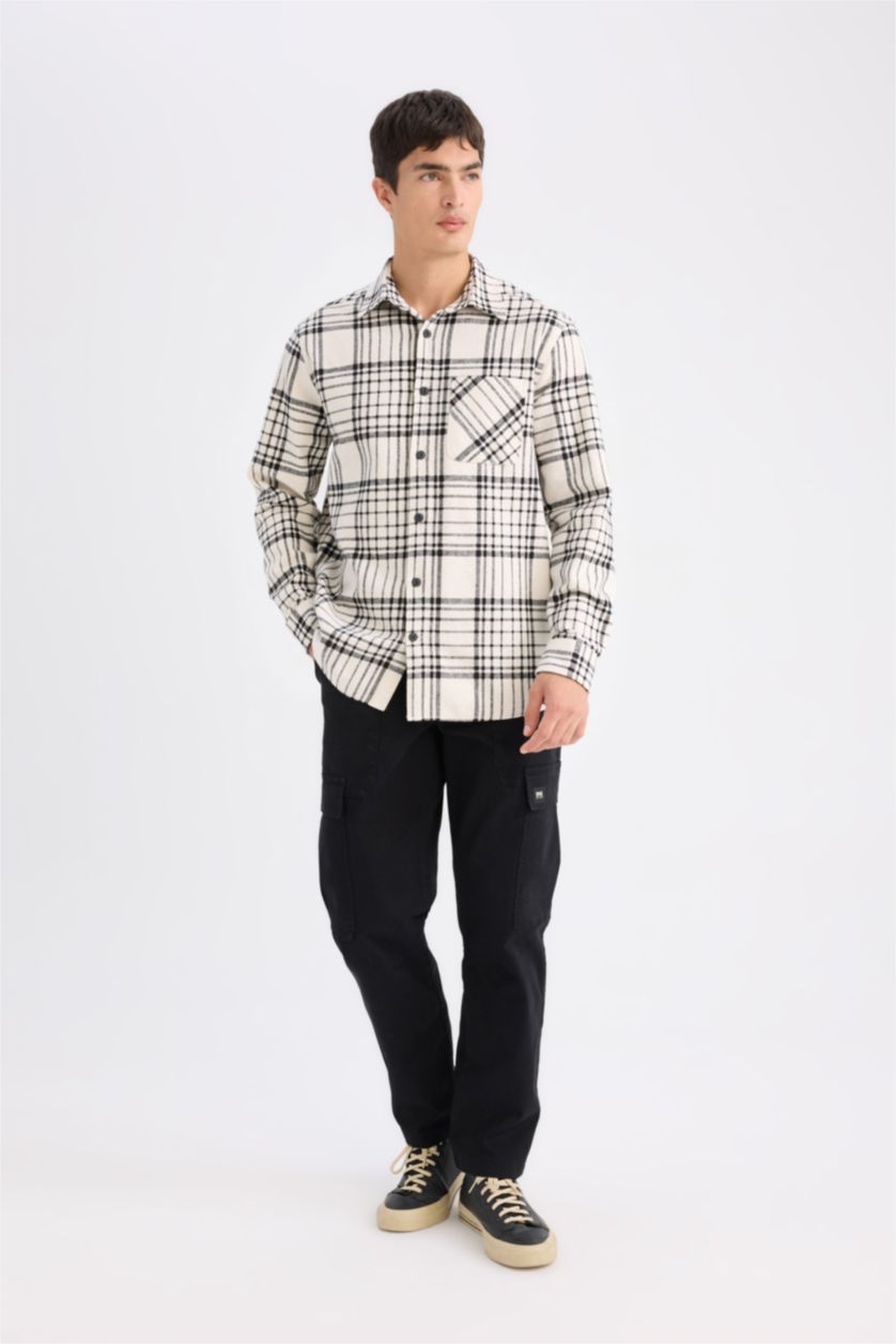رجالي بيج فاتح Regular Fit Flanel Long Sleeve Shirt