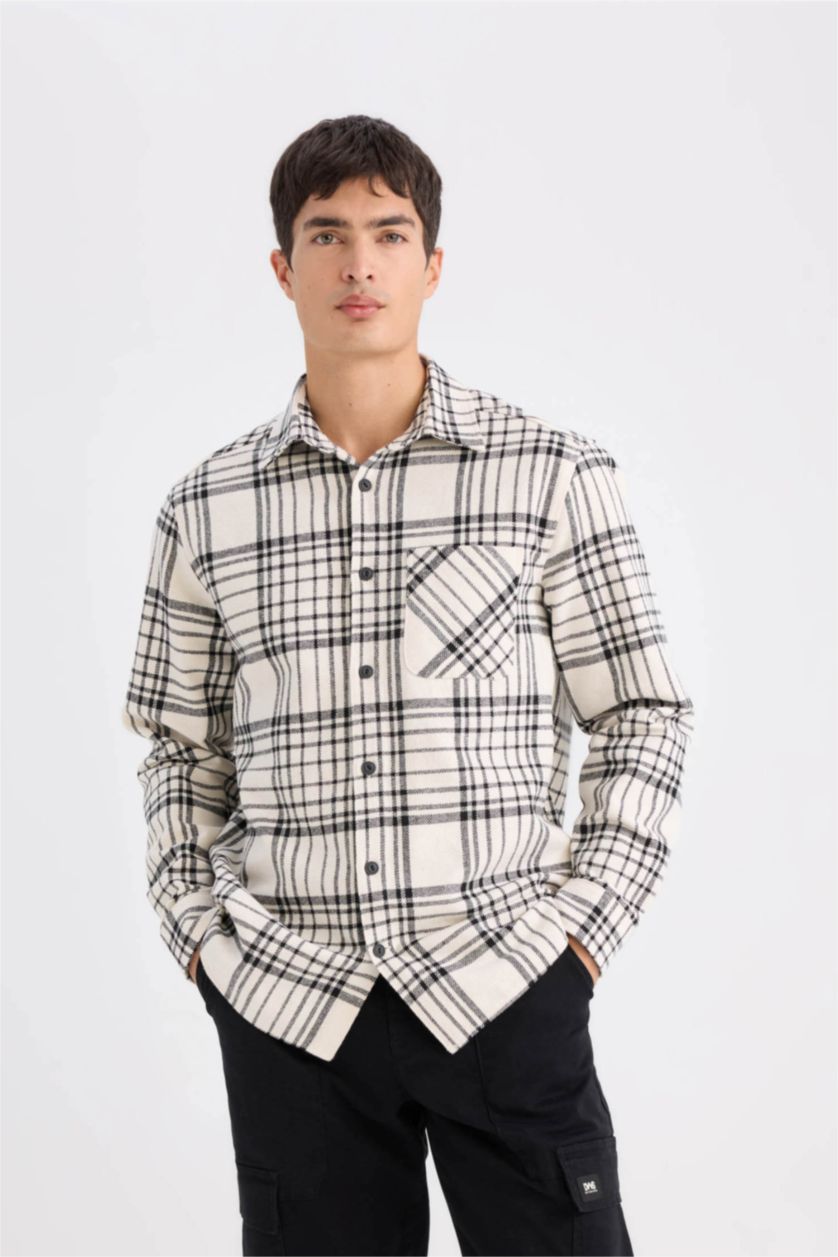 رجالي بيج فاتح Regular Fit Flanel Long Sleeve Shirt