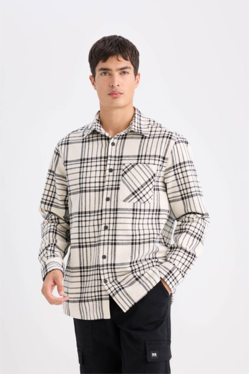 رجالي بيج فاتح Regular Fit Flanel Long Sleeve Shirt