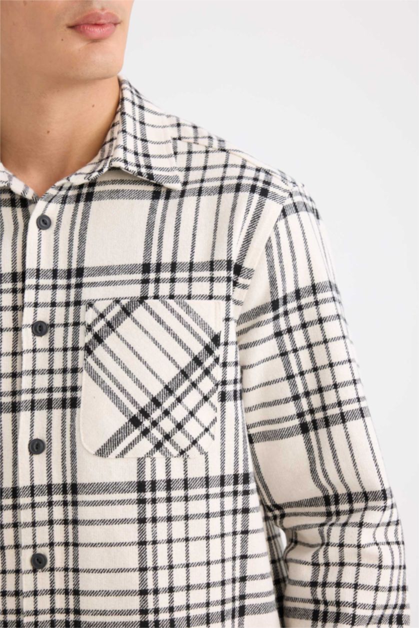 رجالي بيج فاتح Regular Fit Flanel Long Sleeve Shirt
