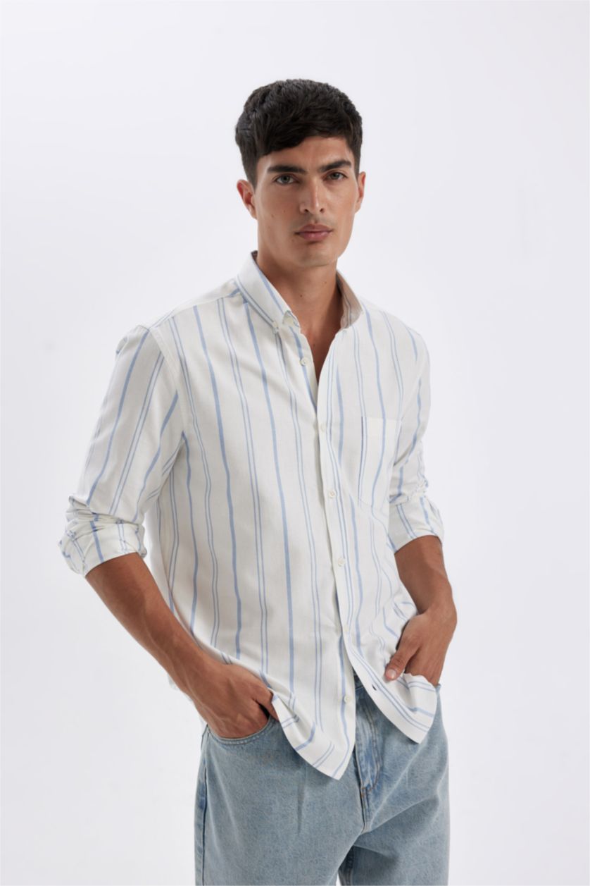 Erkek Mavi %100 Pamuk Regular Fit Oxford Düğmeli  Çizgili Uzun Kollu Gömlek