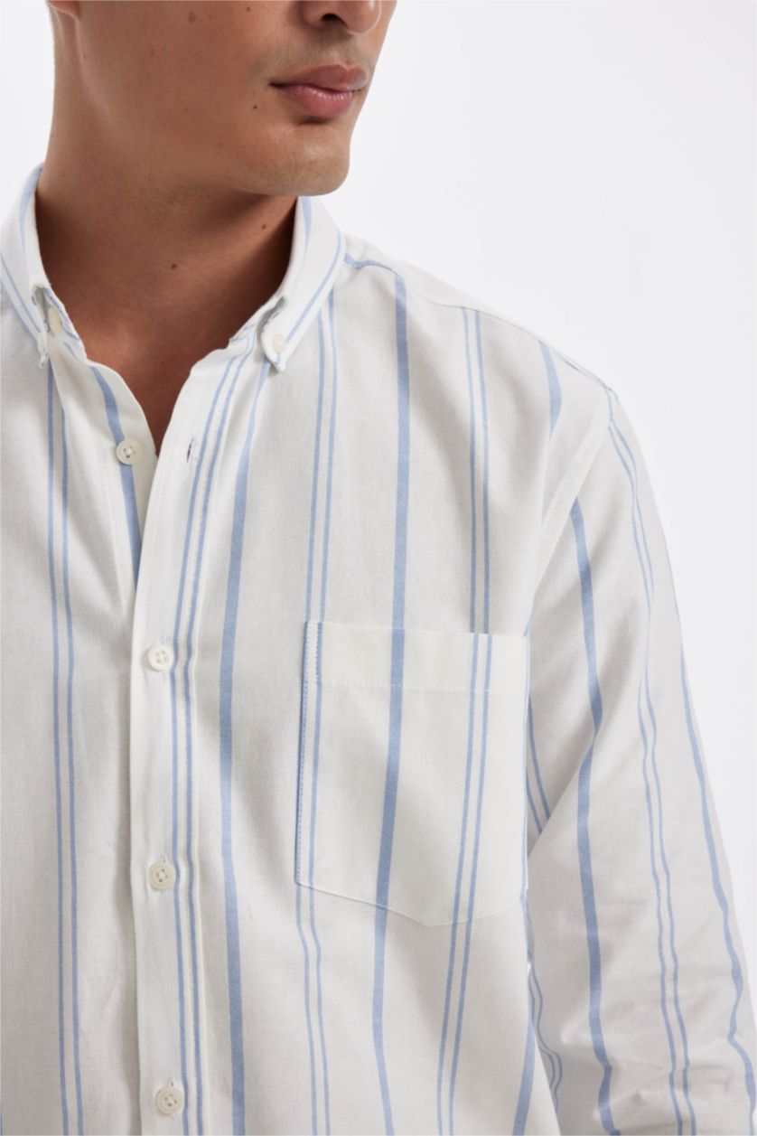 Erkek Mavi %100 Pamuk Regular Fit Oxford Düğmeli  Çizgili Uzun Kollu Gömlek