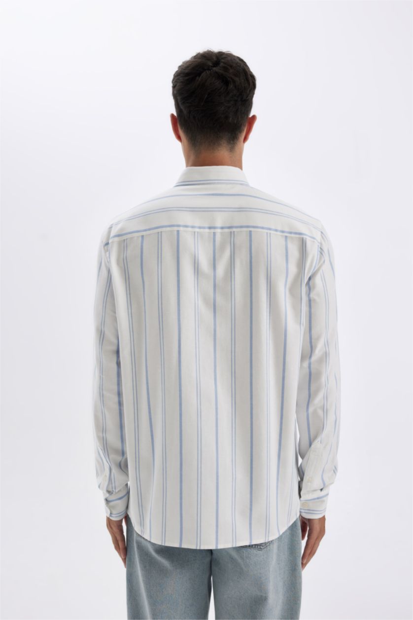 Erkek Mavi %100 Pamuk Regular Fit Oxford Düğmeli  Çizgili Uzun Kollu Gömlek