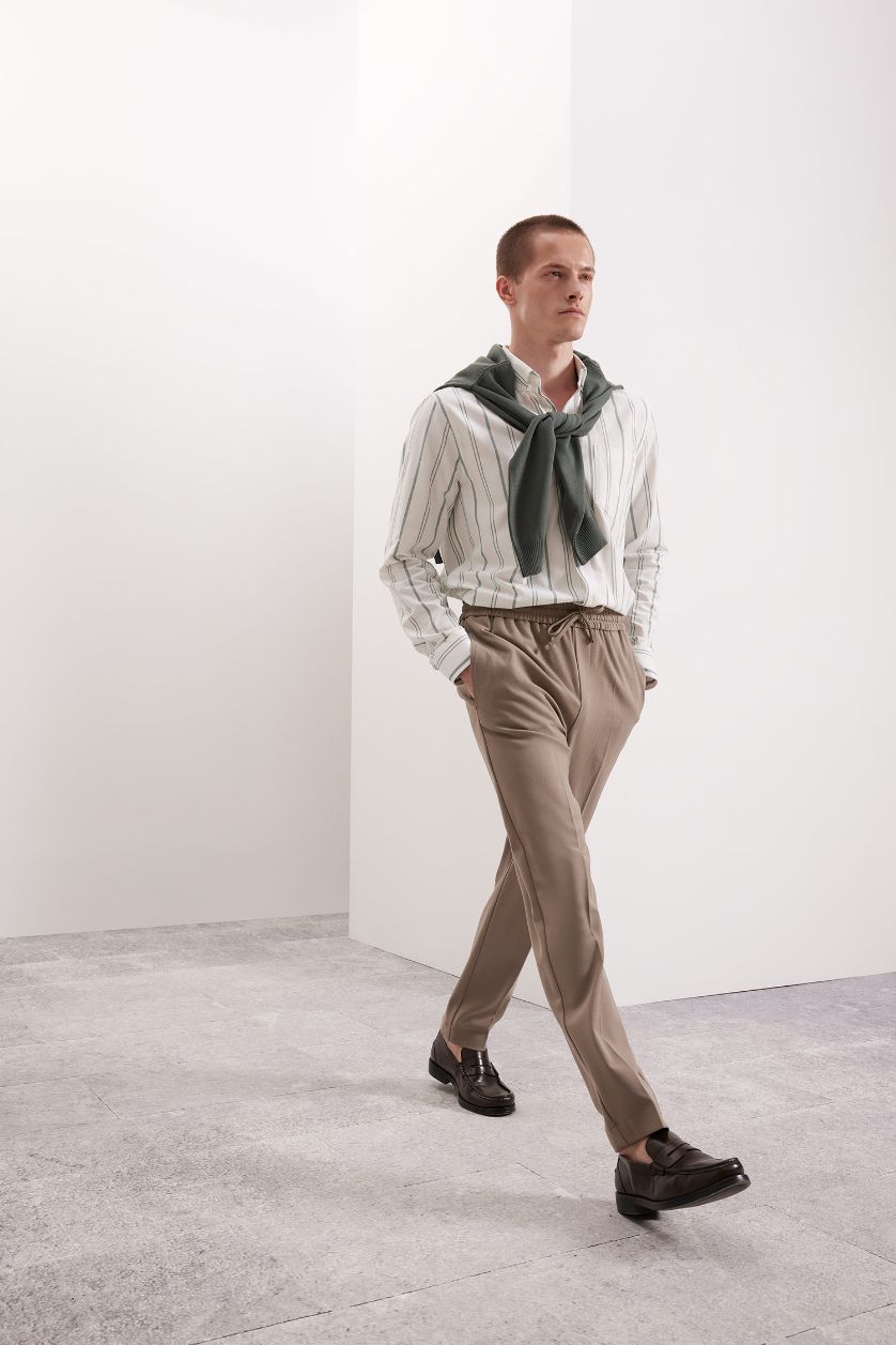 رجالي أخضر قميص بولو مخطط كم طويل أوكسفورد قصة عادية