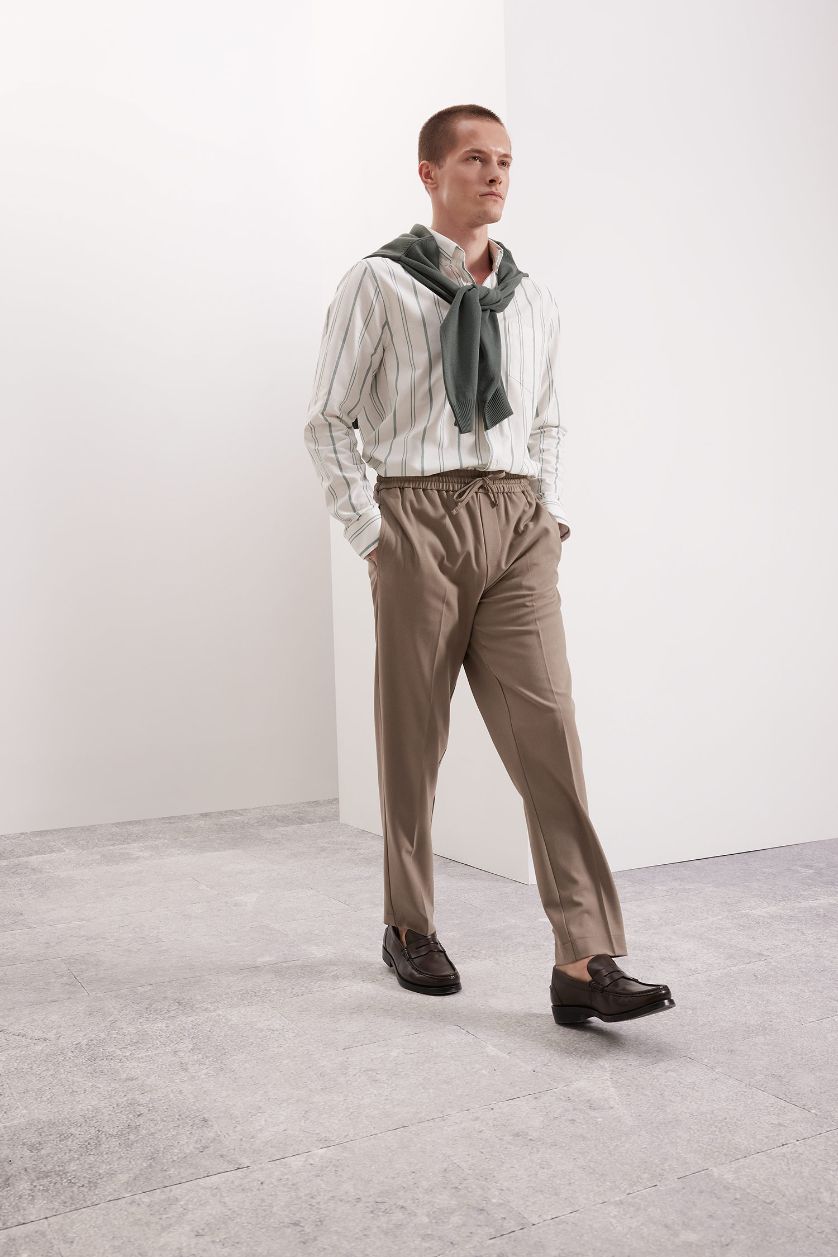 رجالي أخضر قميص بولو مخطط كم طويل أوكسفورد قصة عادية