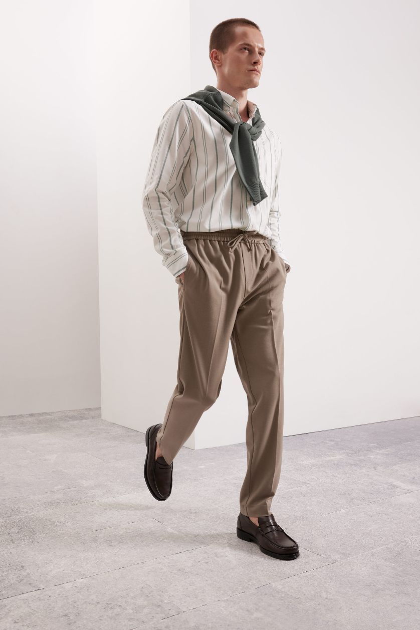 رجالي أخضر قميص بولو مخطط كم طويل أوكسفورد قصة عادية