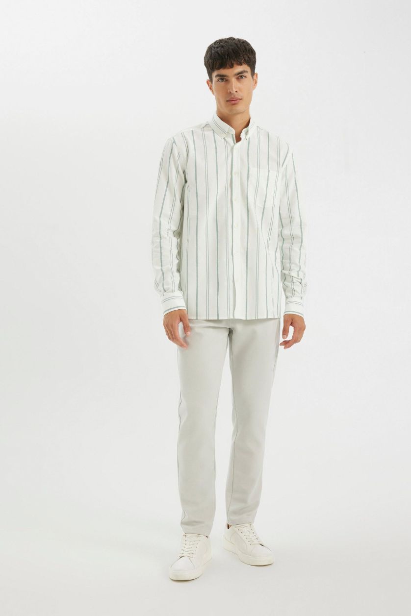 رجالي أخضر قميص بولو مخطط كم طويل أوكسفورد قصة عادية