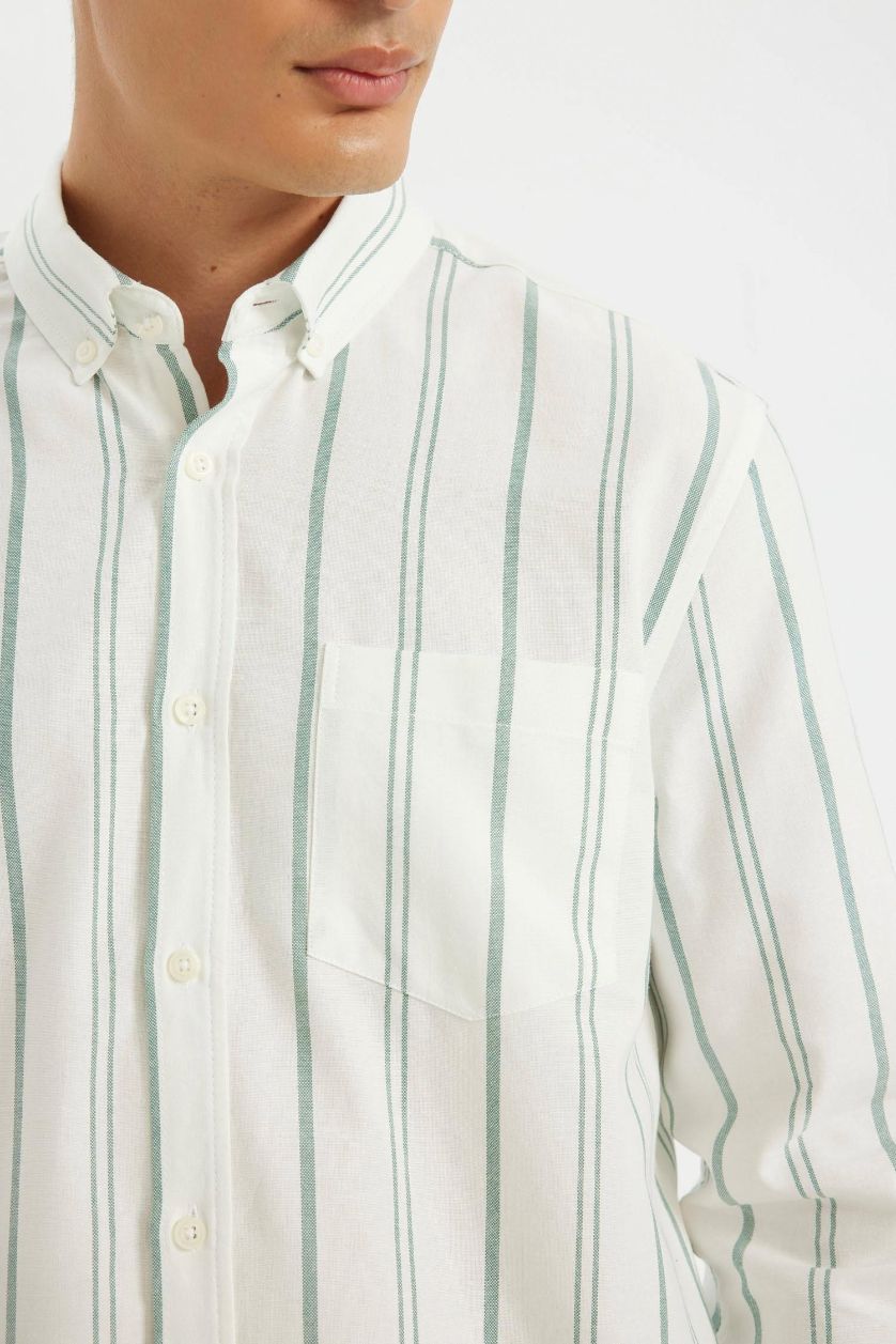 رجالي أخضر قميص بولو مخطط كم طويل أوكسفورد قصة عادية