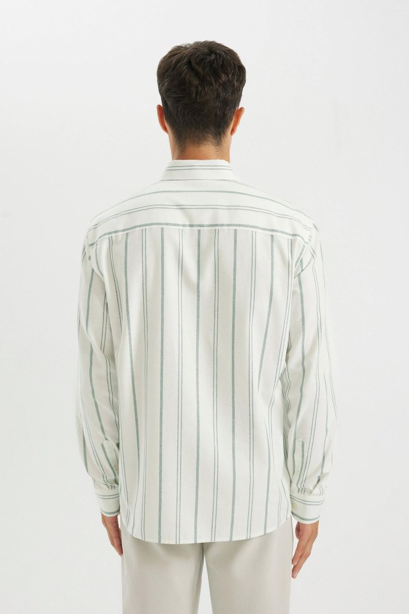 رجالي أخضر قميص بولو مخطط كم طويل أوكسفورد قصة عادية