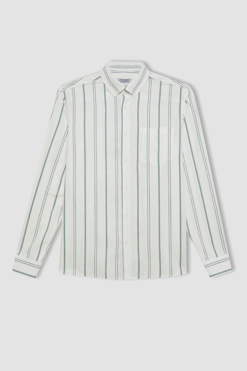 رجالي أخضر قميص بولو مخطط كم طويل أوكسفورد قصة عادية