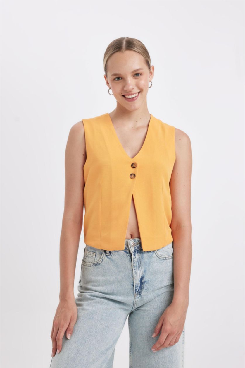 Kadın Sarı Regular Fıt V Yaka Keten Karışımlı Yelek