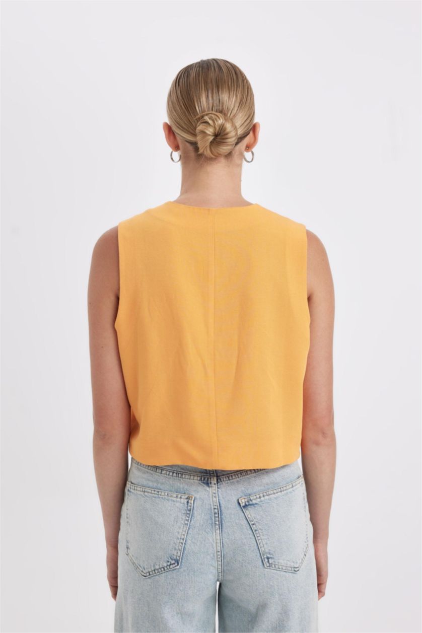 Kadın Sarı Regular Fıt V Yaka Keten Karışımlı Yelek