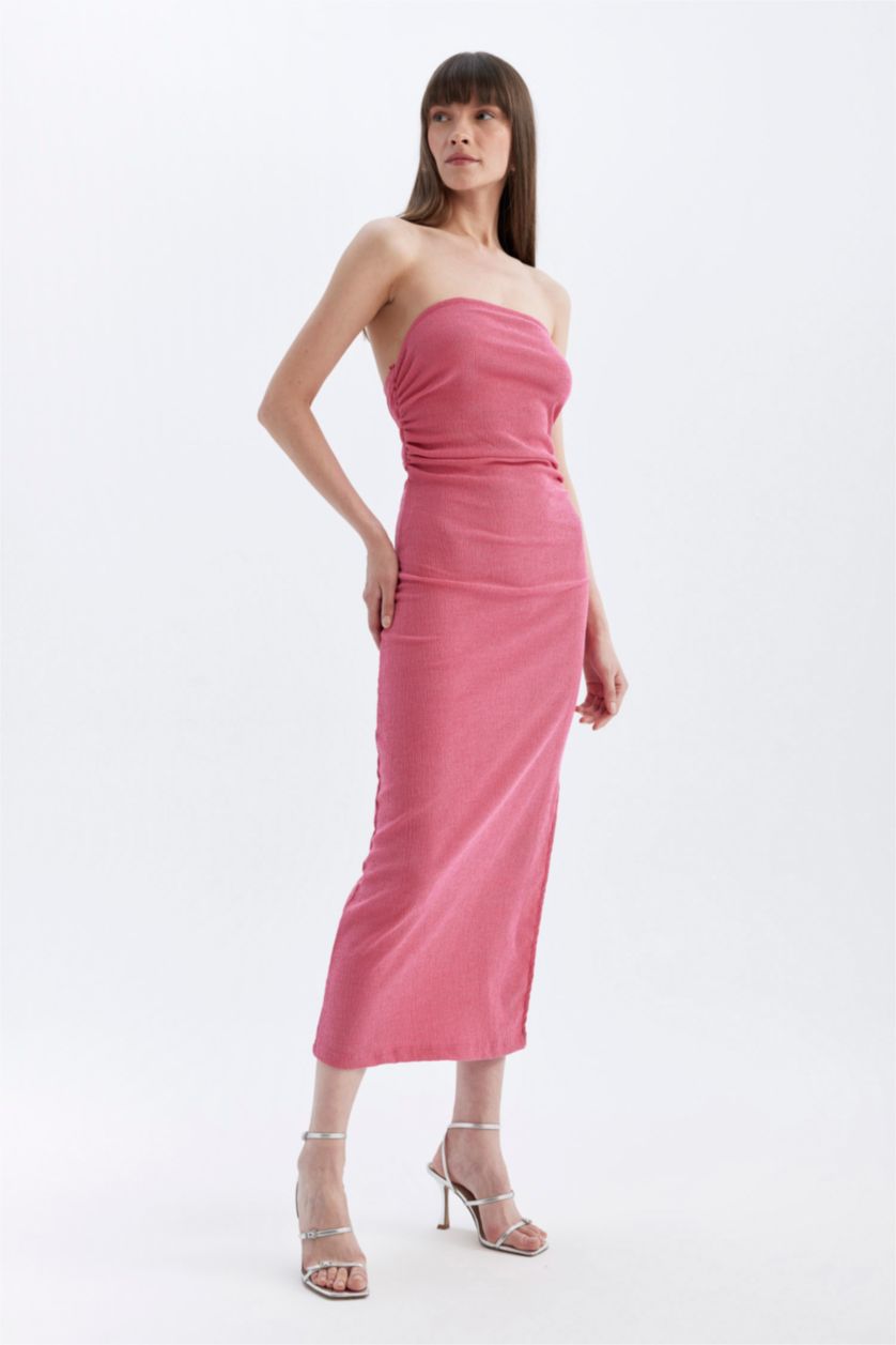Kadın Fuşya Bodycon Straplez Bürümcük Midi Abiye Elbise