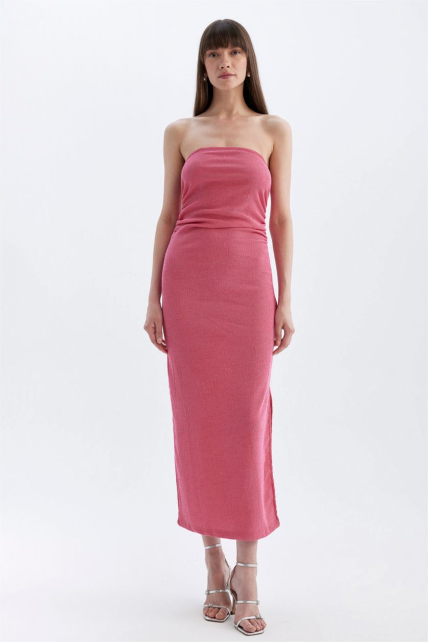Kadın Fuşya Bodycon Straplez Bürümcük Midi Abiye Elbise