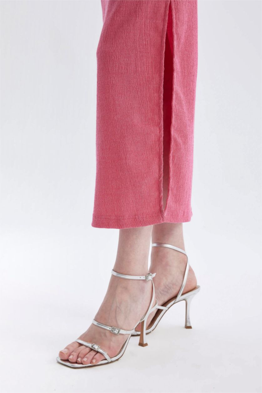 Kadın Fuşya Bodycon Straplez Bürümcük Midi Abiye Elbise