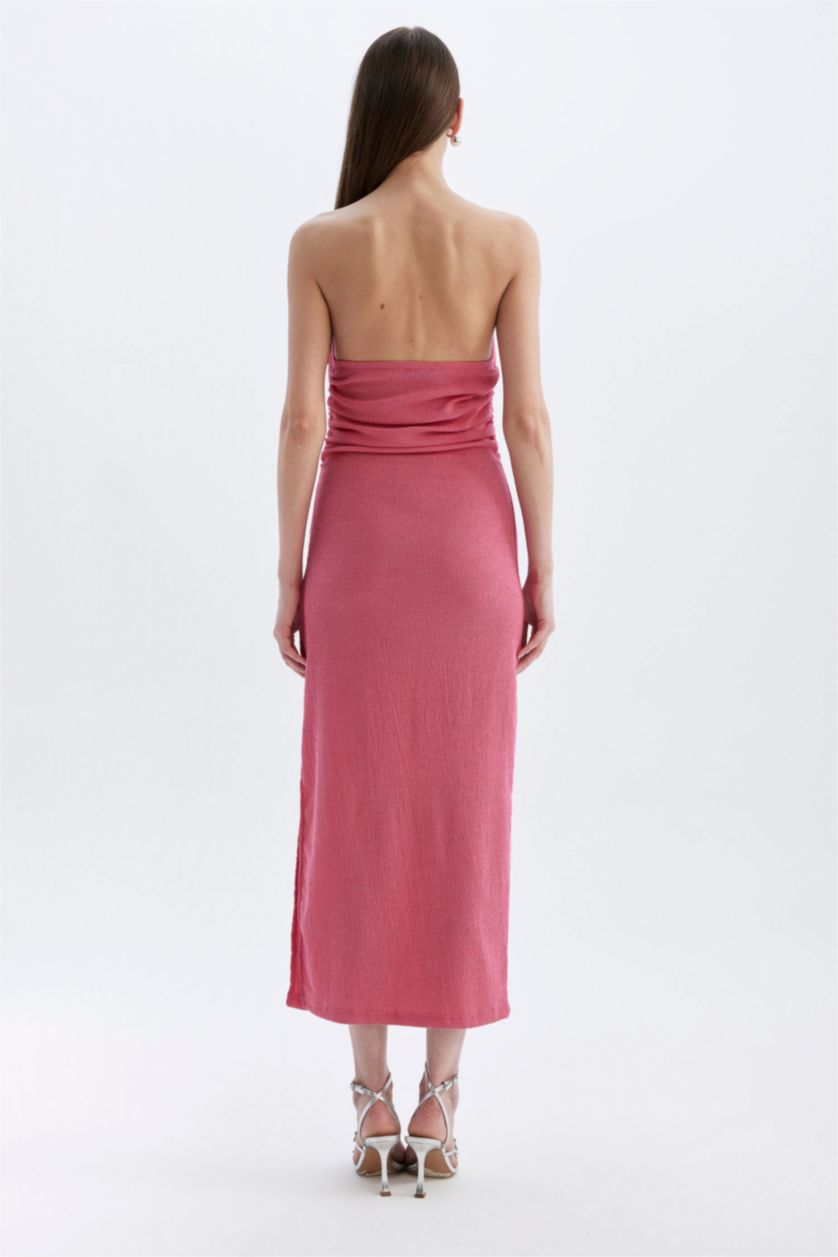 Kadın Fuşya Bodycon Straplez Bürümcük Midi Abiye Elbise