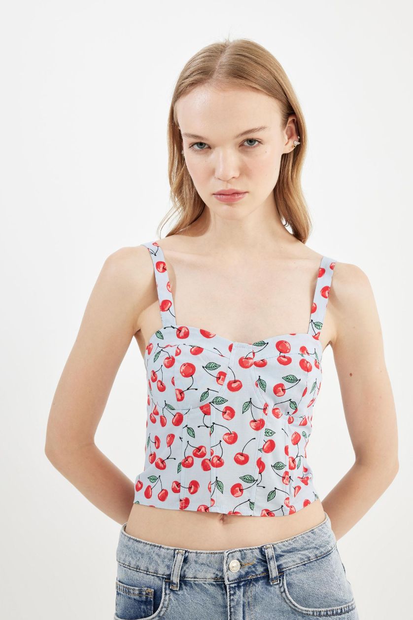 نساء أزرق فاتح بلوزة كروب بوبلين بحمالات وطبعة كرز