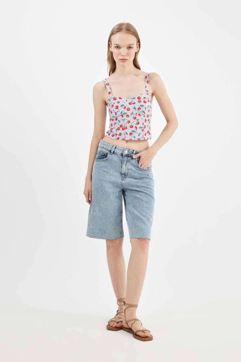 نساء أزرق فاتح بلوزة كروب بوبلين بحمالات وطبعة كرز