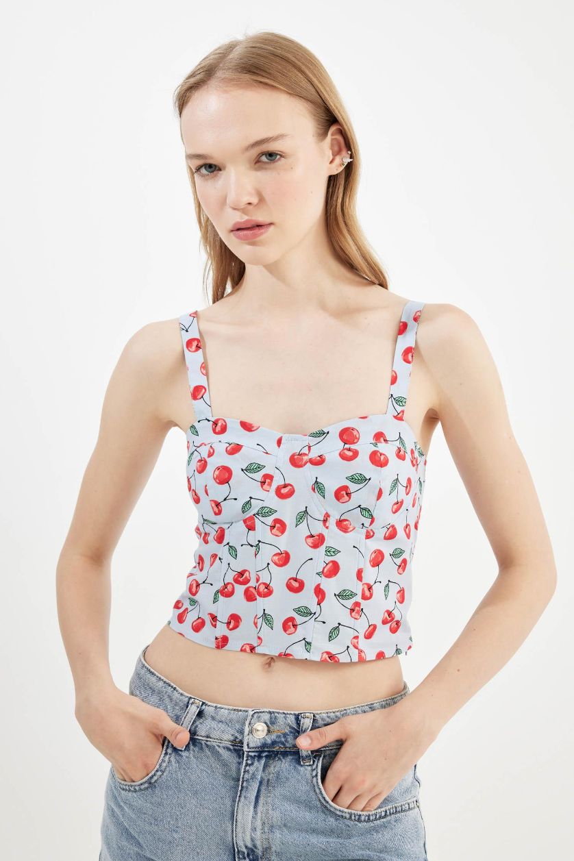 نساء أزرق فاتح بلوزة كروب بوبلين بحمالات وطبعة كرز