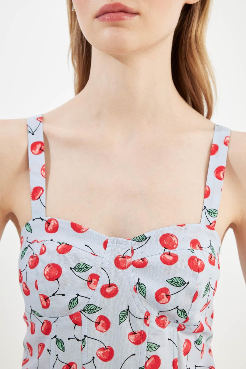 نساء أزرق فاتح بلوزة كروب بوبلين بحمالات وطبعة كرز