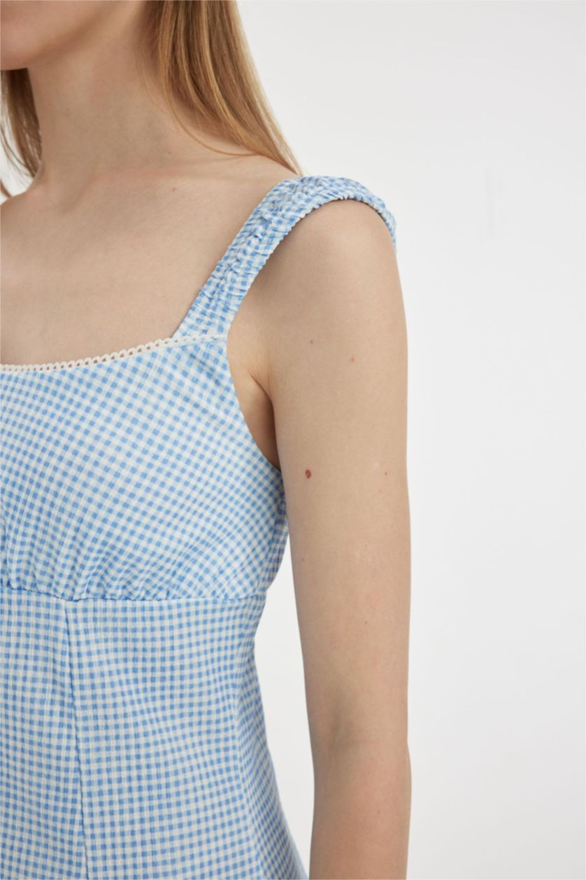 نساء أزرق فستان قصير منسوج بياخة V بحمالات