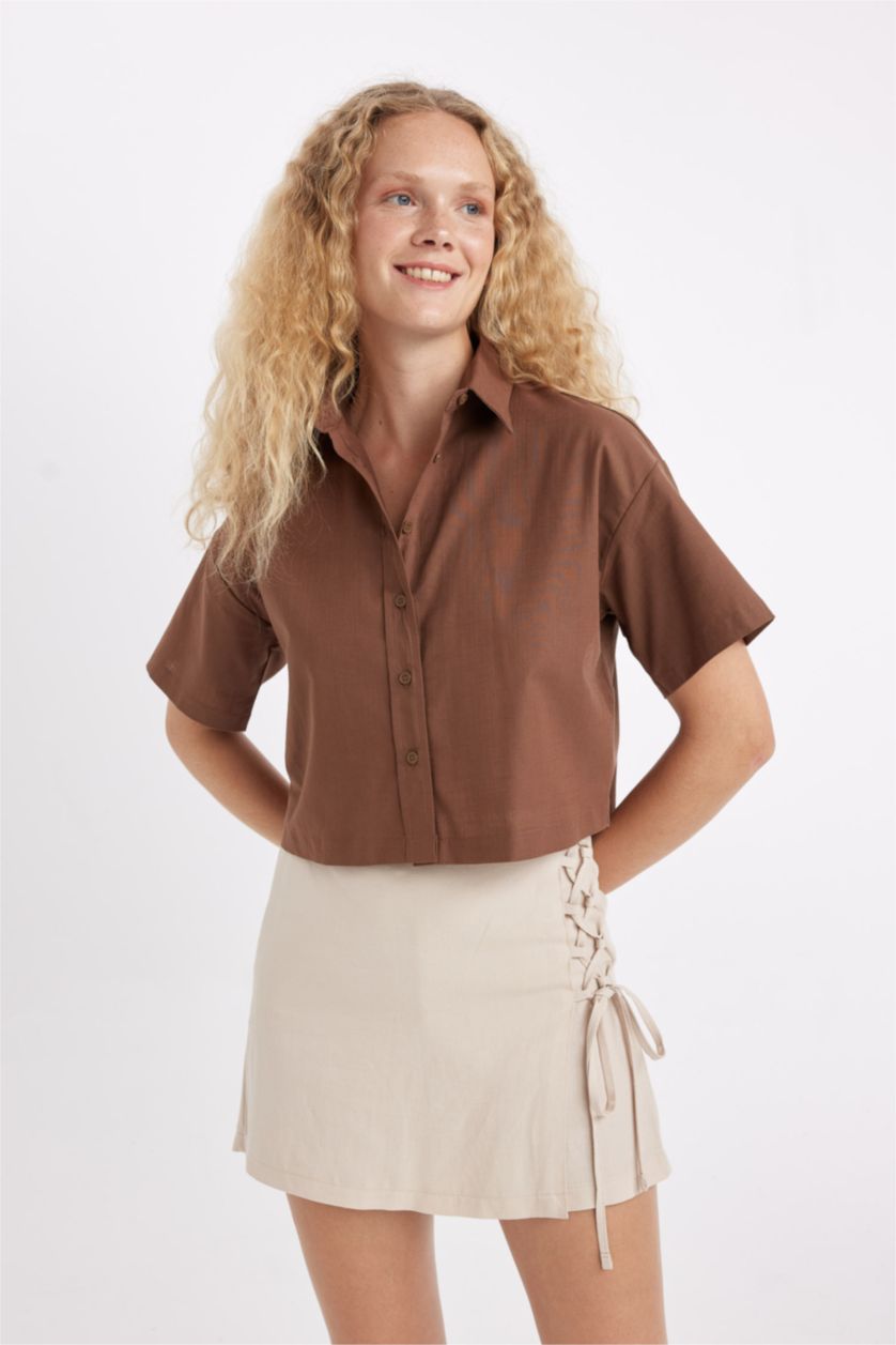 Woman Brown Oversize Short Sleeve Shirt