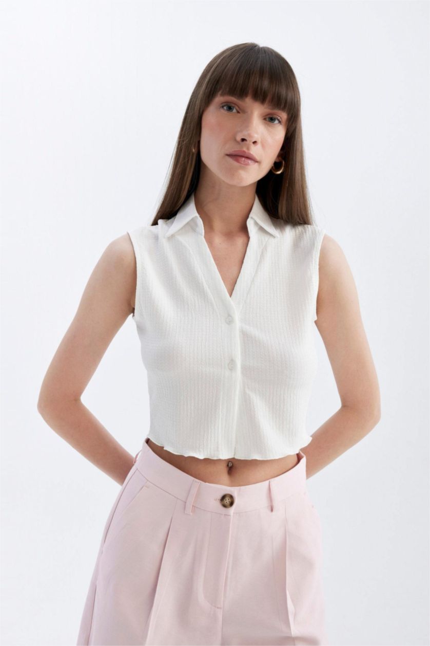 FEMME Blanc Chemisier Sans Manches Coupe Slim à Col en V